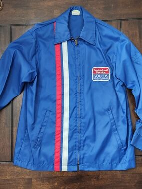 Goulds Water Systems Blue Zip-Front Work Jacket with Red & White Stripes